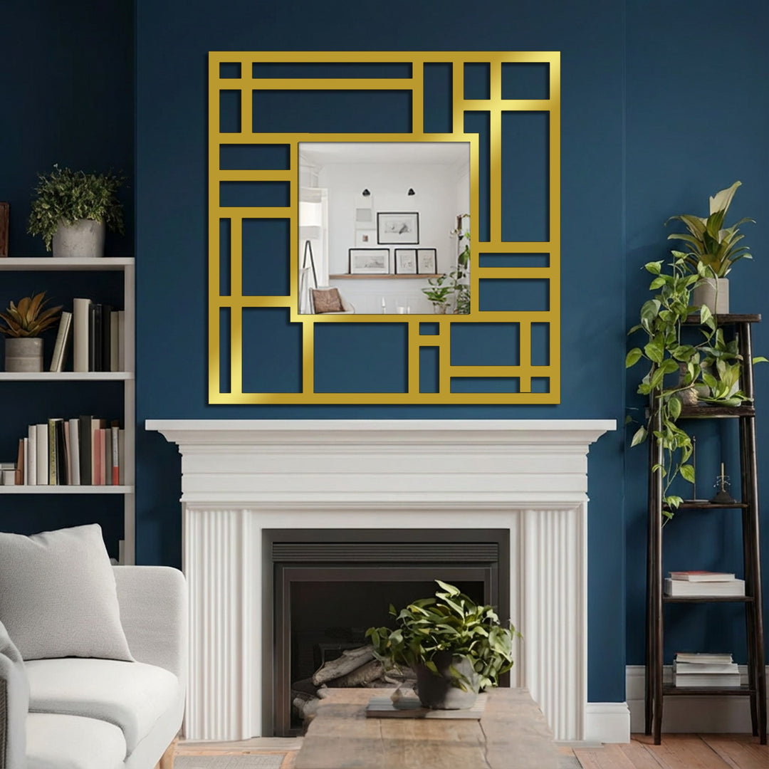 Embracing the organic forms, the structured grid design of the metal artwork creates a compelling contrast in this modern geometric square mirror.
