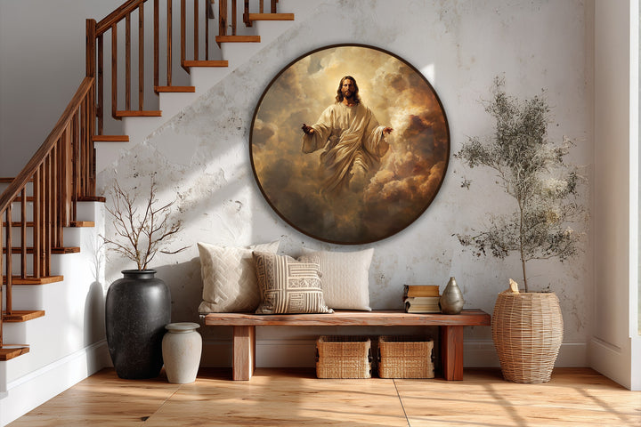 Geometric symmetry surrounds this modern oil painting art depicting a circular portrait of Christ in radiant clouds, balanced by a staircase and rectangular bench.