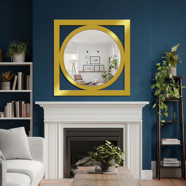 Reflecting a bright interior, this circle within square decorative wall mirror exemplifies the visual transition from the deep navy wall to the brighter reflected space in the bathroom mirror.
