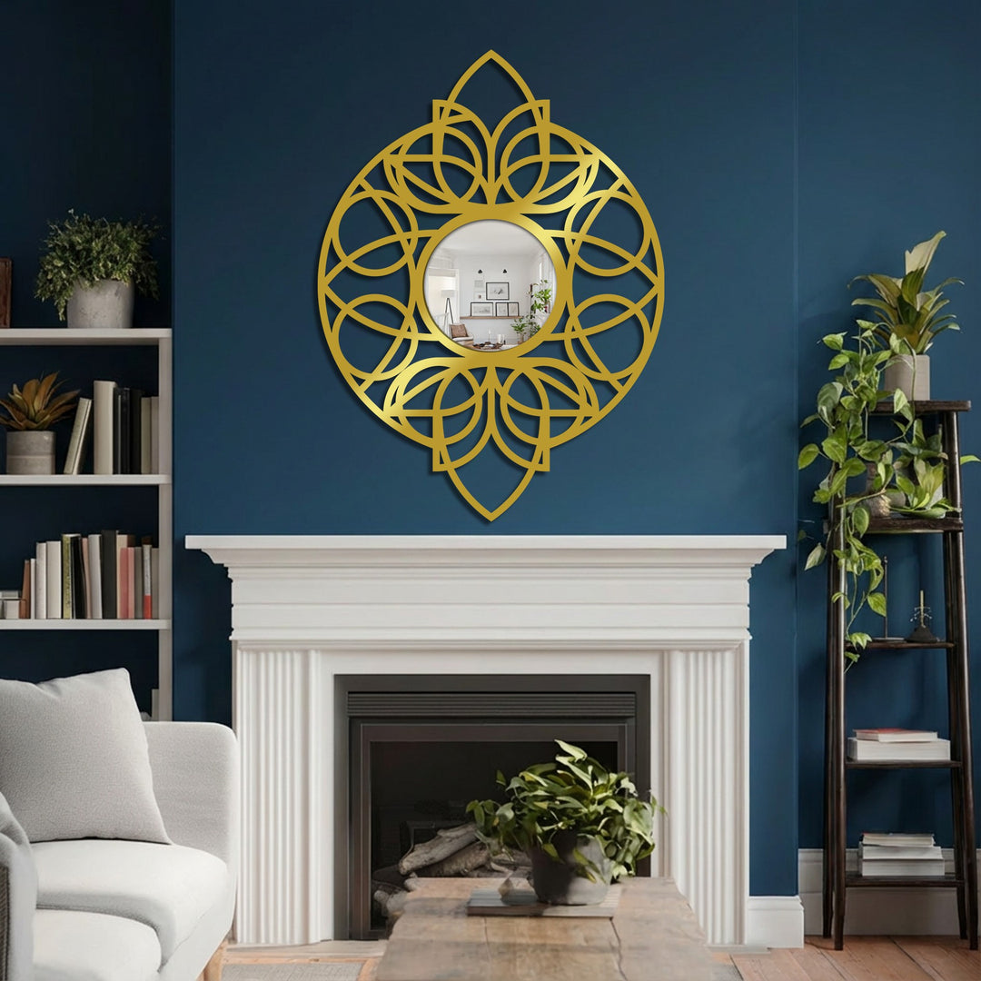 The realistic detail of the reflecting interior enhances the gold, mandala-inspired geometric frame, making this decorative mirror for wall decor a striking focal point above the fireplace.