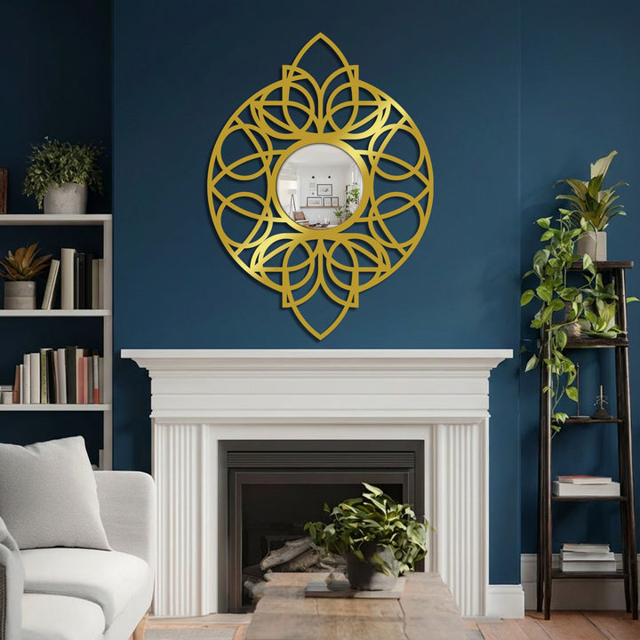 The realistic detail of the reflecting interior enhances the gold, mandala-inspired geometric frame, making this decorative mirror for wall decor a striking focal point above the fireplace.