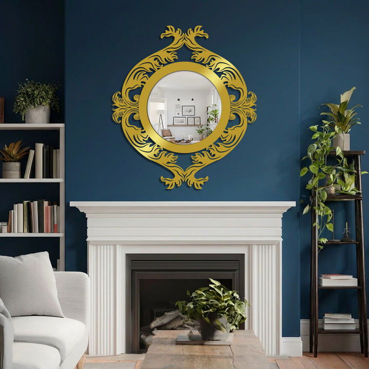 Ornate gold-colored bathroom mirror with a decorative, dual dragon design commands attention above a fireplace, becoming a unique metal wall art focal point in the room.