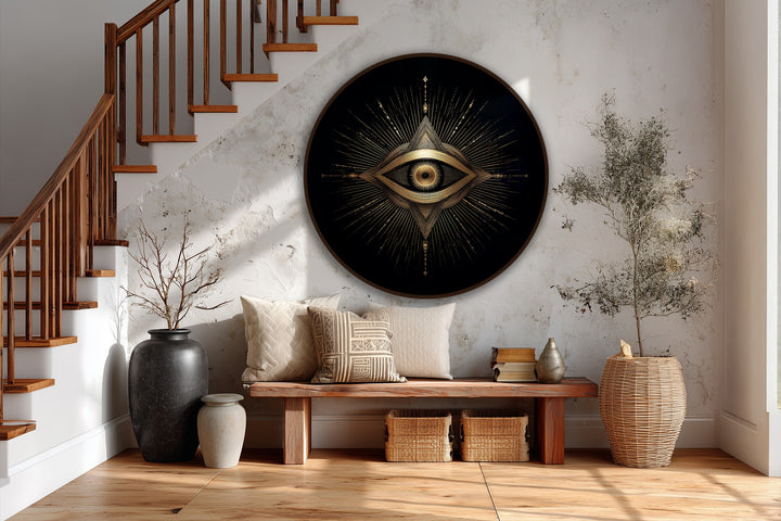 Sunlight casts light and shadow upon the radiant sacred eye in this round golden geometric oil painting artwork, highlighting its exquisite detail.