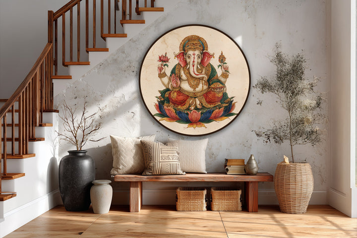 Vibrant brushstrokes and the flowing lines of the Sacred Ganesha Lotus round traditional Hindu oil painting wall art bring a dynamic sense of movement to the divine scene.