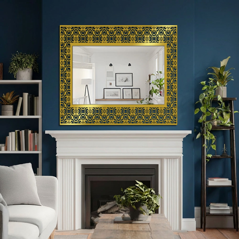 Organic patterns swirl in the ornate frame of this floor-length bathroom mirror, creating an intriguing focal point above the fireplace.