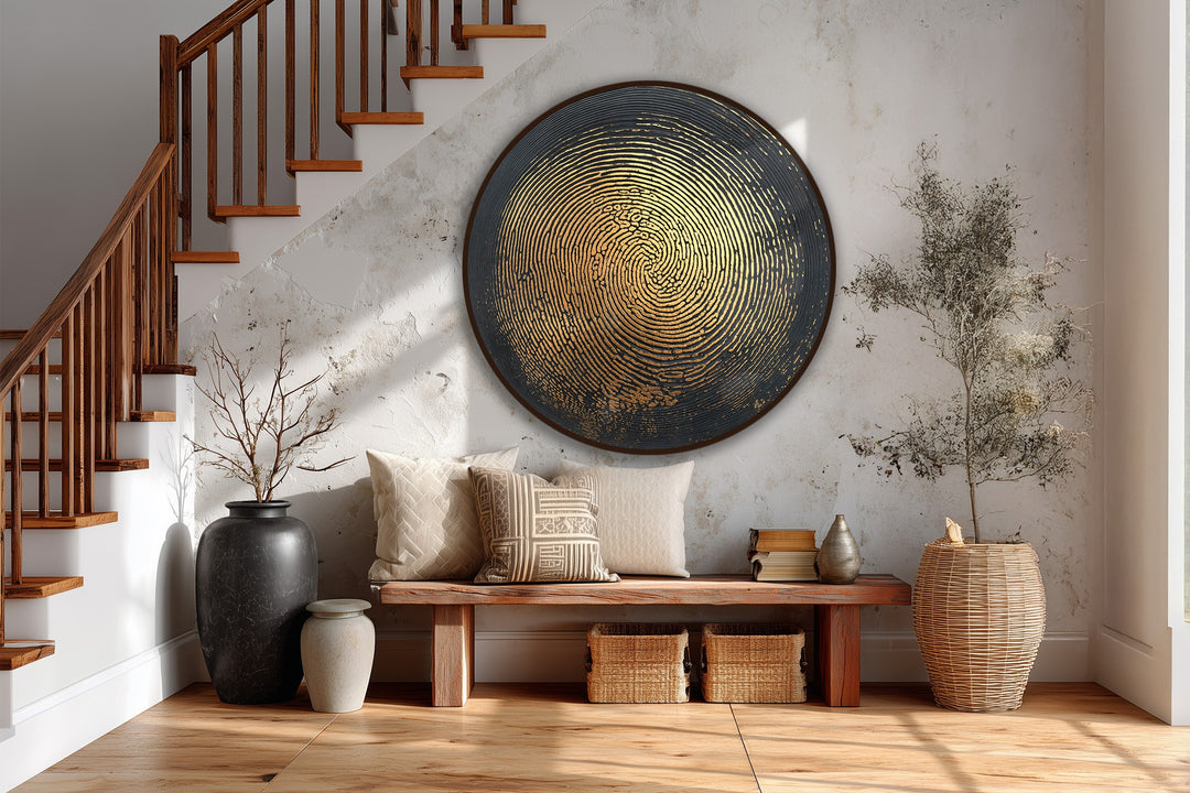 Aesthetic mood is evoked by the golden pulse, an abstract round wooden oil painting reproduction print that exudes a modern, elegant style.