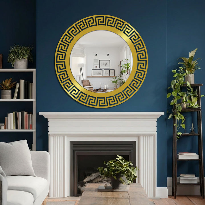 Oriented vertically, a round floor mirror with a black frame featuring a geometric Greek key design presents creative ideas for decorating with wall mirrors.
