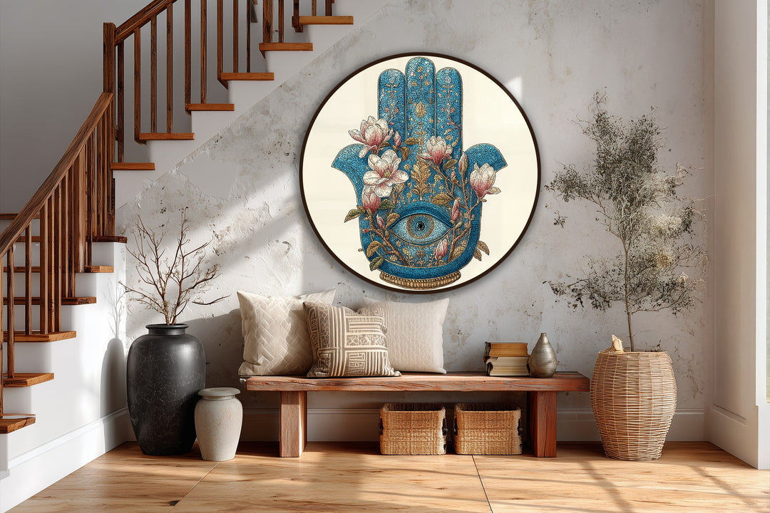 Œil de Hamsa floral–Symbole mystique rond Tableau Peinture à l’huile