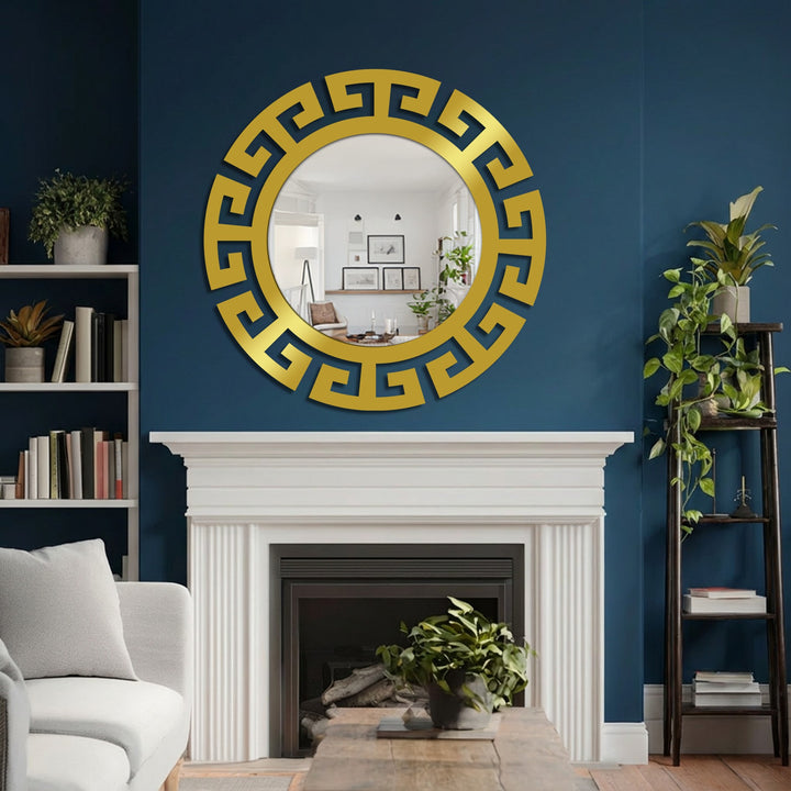 Highlighted by the organic forms, this round statement mirror for wall decor features a gold Greek key segmented design, adding modern flair to any space.