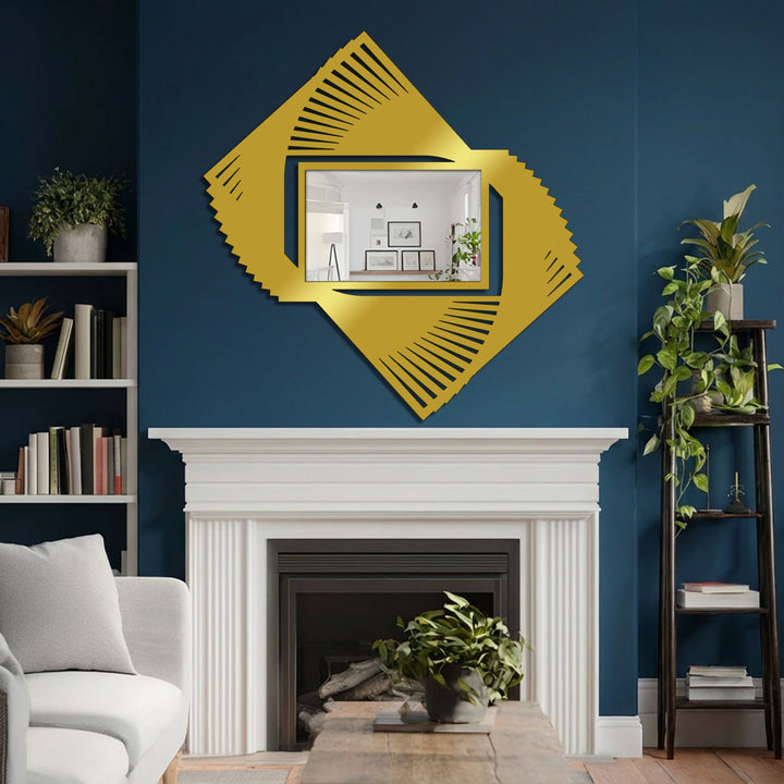 Organic forms radiate outward from the central reflective surface of this rotating blade metal wall decor, creating a dynamic, spiraling modern mirror.
