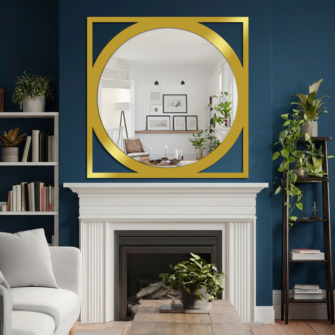 Negative space surrounds the round, reflective center within the square metal geometric frame, showcasing this unique metal wall art that serves as a modern wall mirrors design.