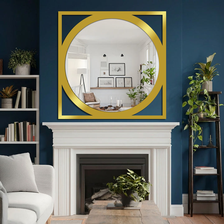 Negative space surrounds the round, reflective center within the square metal geometric frame, showcasing this unique metal wall art that serves as a modern wall mirrors design.