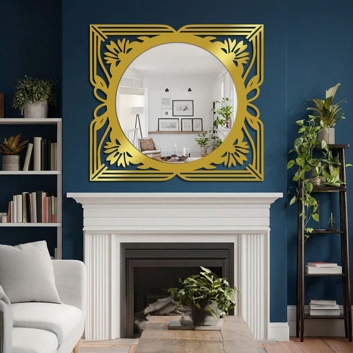 Inviting mood is evoked by this decorative mirror, featuring a golden floral art deco frame reflecting a cozy room, creating an elegant and visually appealing statement.