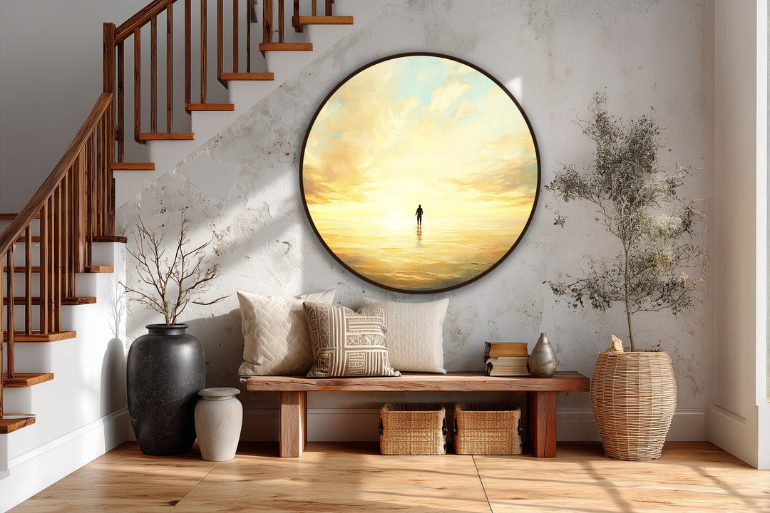 Exquisite golden solitude sunset reflection round oil painting shows impeccable oil painting reproduction print quality, highlighting the fine details and textures of the art.