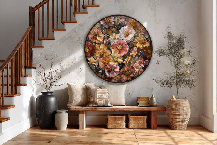 Emanating a cozy mood, this floral round oil painting with its autumn bloom symphony offers a rich and sophisticated oil painting reproduction print for a warm interior space.