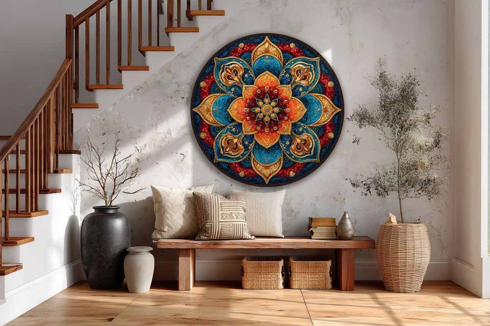 Finely crafted oil painting artwork reveals rich colors and meticulous detail on wood, showcasing the vibrant, ornamental Radiant Jewel Mandala.