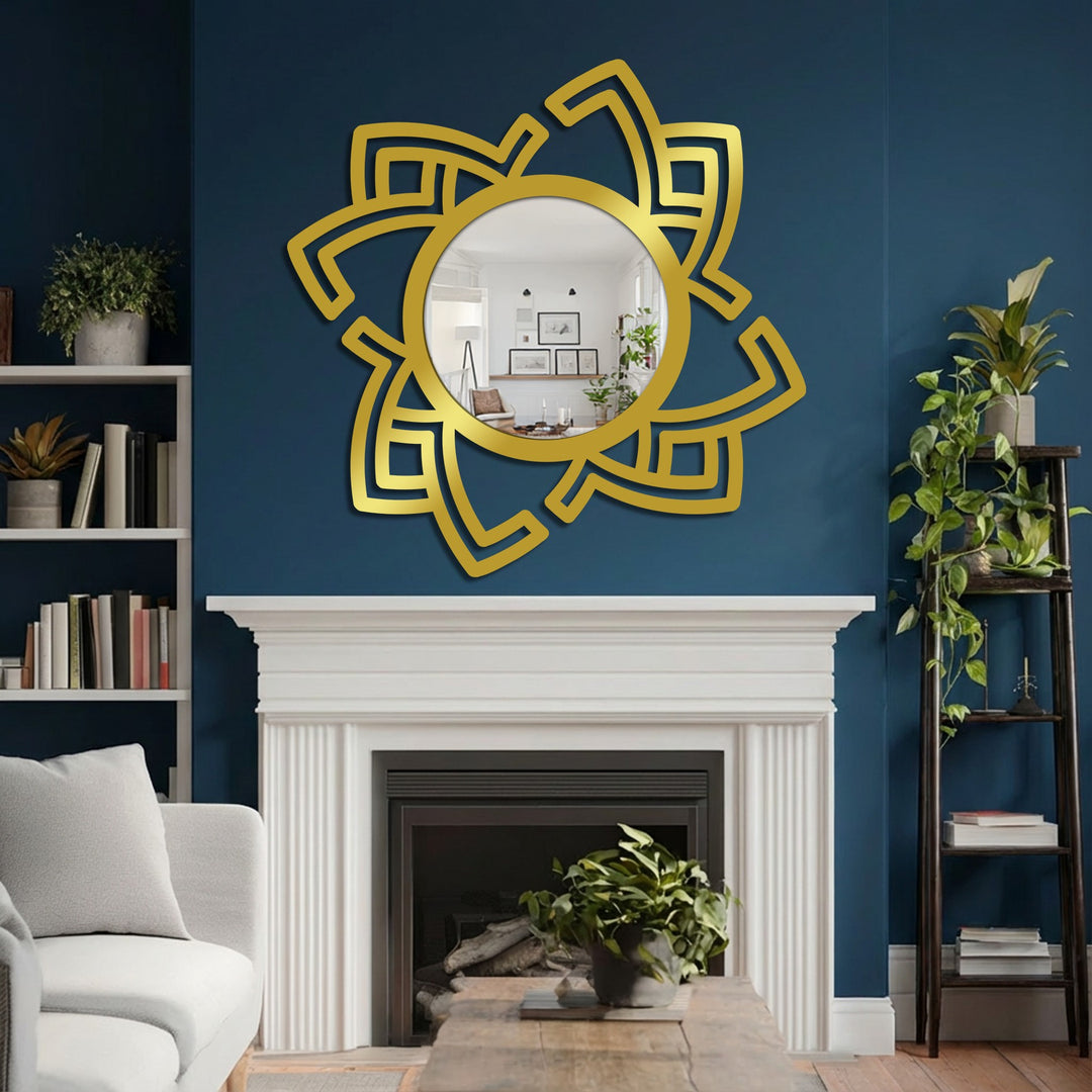 Shadows accentuate the abstract rotating frame of the modern mirror, creating a dynamic display of light reflecting off the metal art for wall.