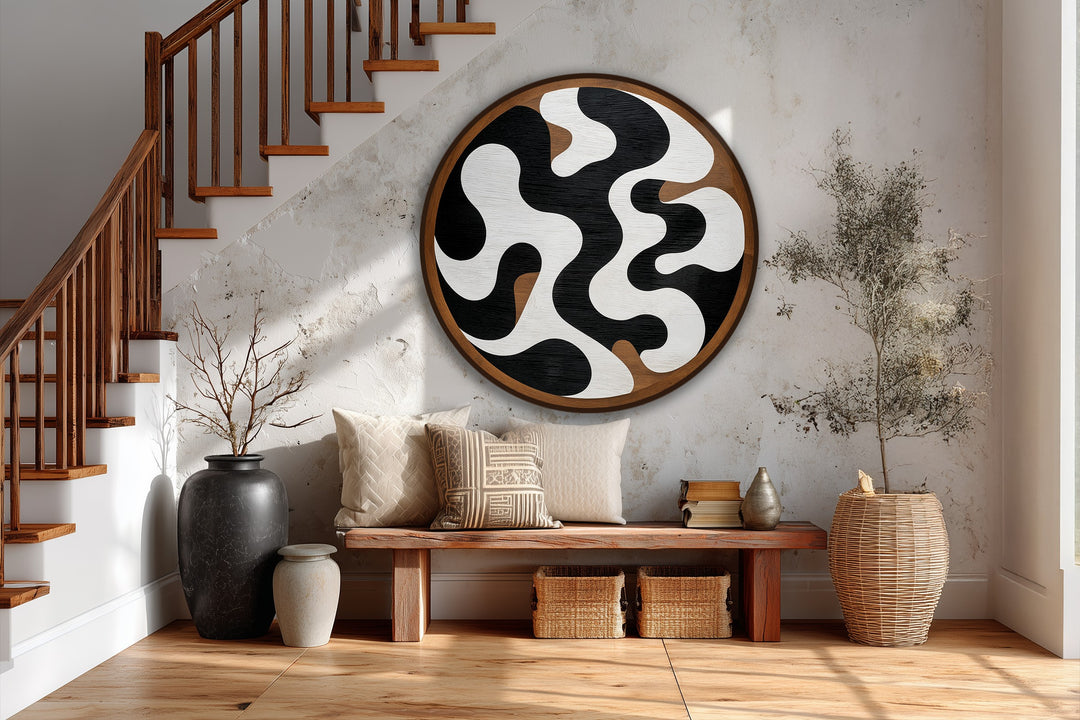 Visible brushstrokes add depth to the surface texture of this monochrome flow round oil painting, enhancing the modern abstract design and creating unique oil painting art prints.