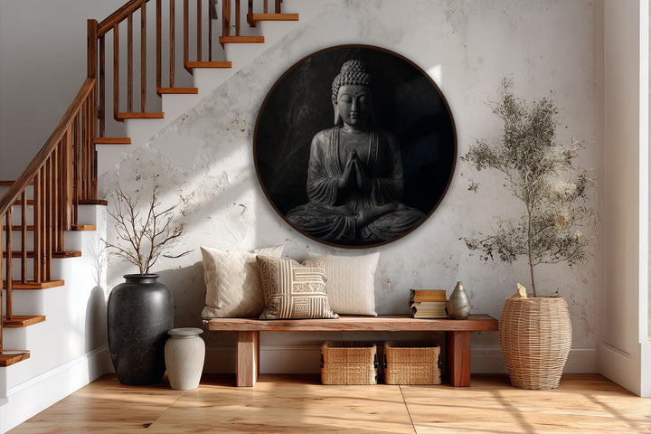 Deep color contrast defines this circular oil painting artwork depicting a serene Buddha statue, adding a meditative and contemplative mood to the minimalist space.