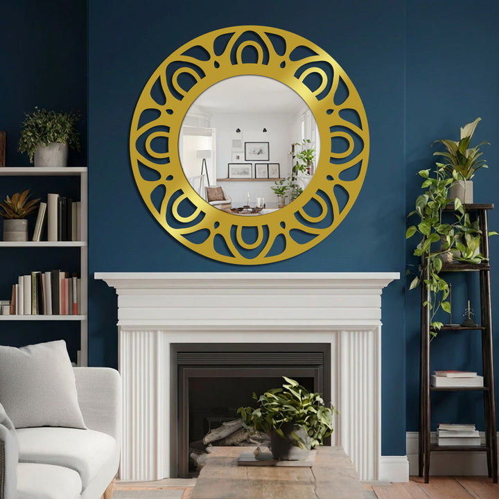 Rhythmic curves in the framed wall mirror's circular design draw the eye inward, creating a swirling sense of movement and depth.