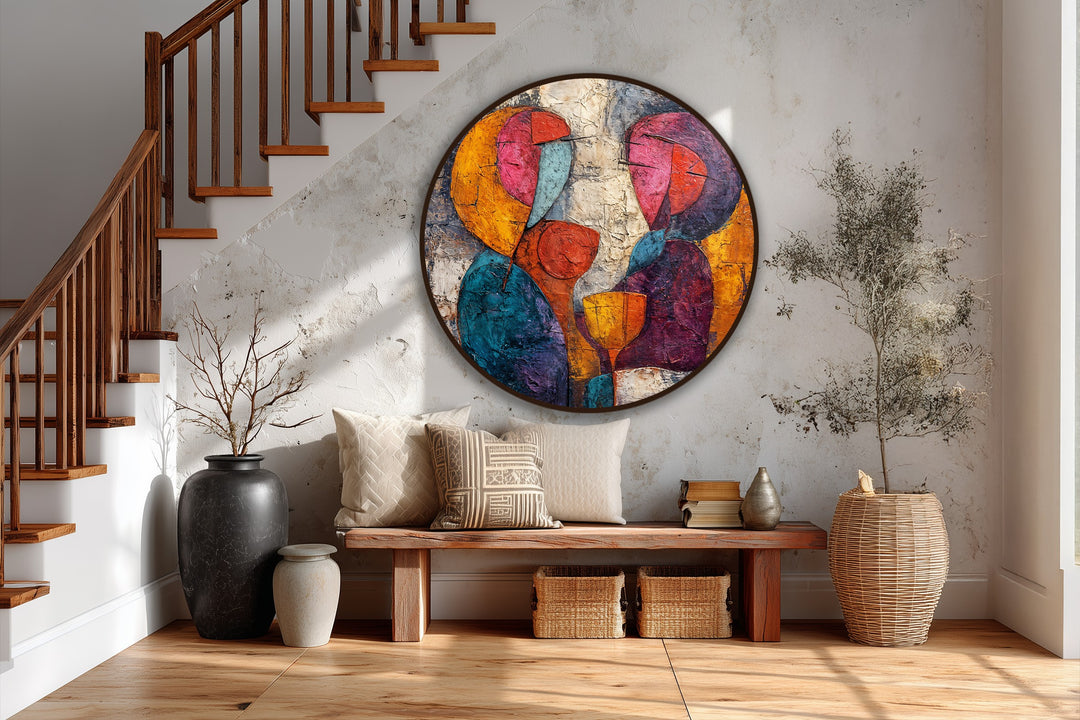 The abstract quality of this 'Whispers Over Wine' round oil painting presents a textured and colorful rendition of figures, adding a touch of modern oil painting home decor.