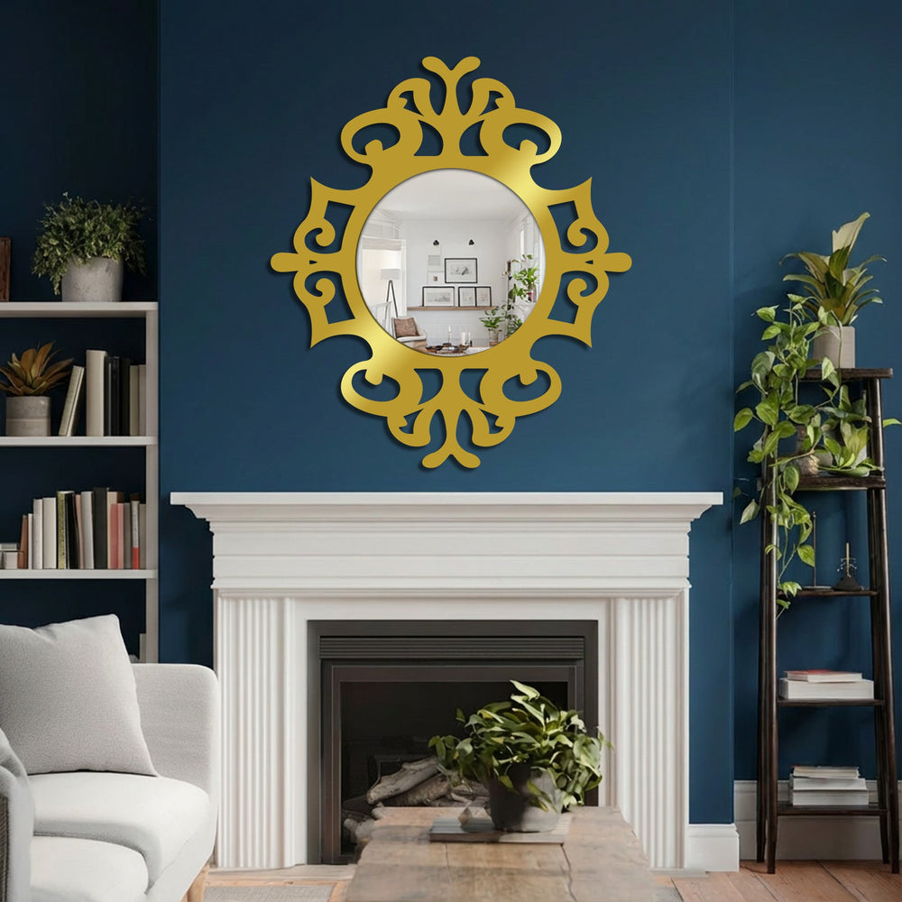 The mirror for wall decor creates a striking contrast between the deep teal wall and the brilliant gold metal artwork frame.