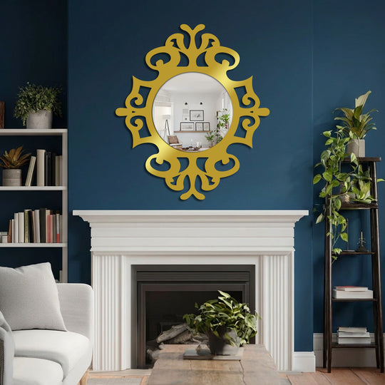 The mirror for wall decor creates a striking contrast between the deep teal wall and the brilliant gold metal artwork frame.