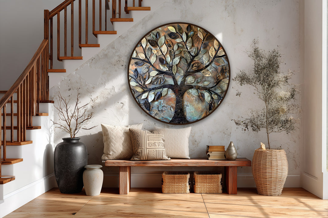 Rustic Harmony – Albero con foglie in metallo strutturato Quadro a Olio