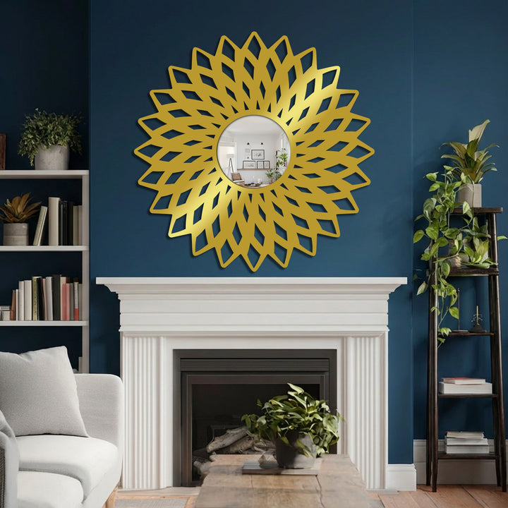 Reflecting a softer scene in the center, the geometric flower decorative mirror adds modern elegance above the fireplace mantel.