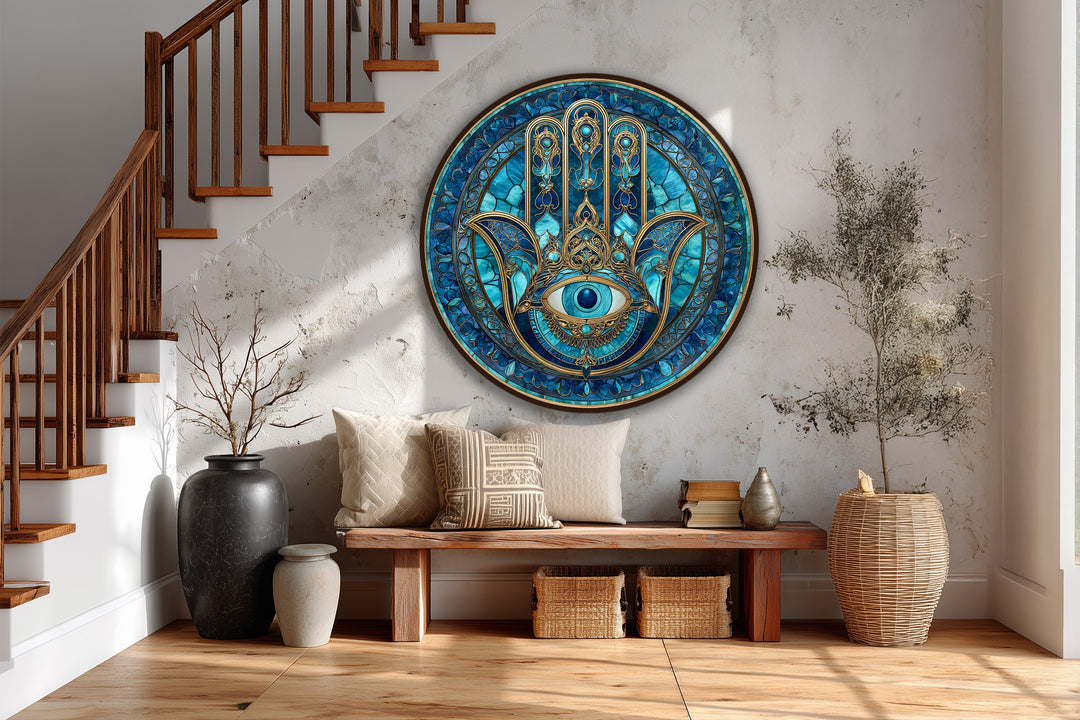 Rough surface texture defines this round oil painting wall art on wood, featuring a protective blue Nazar Hamsa with intricately detailed gold accents.