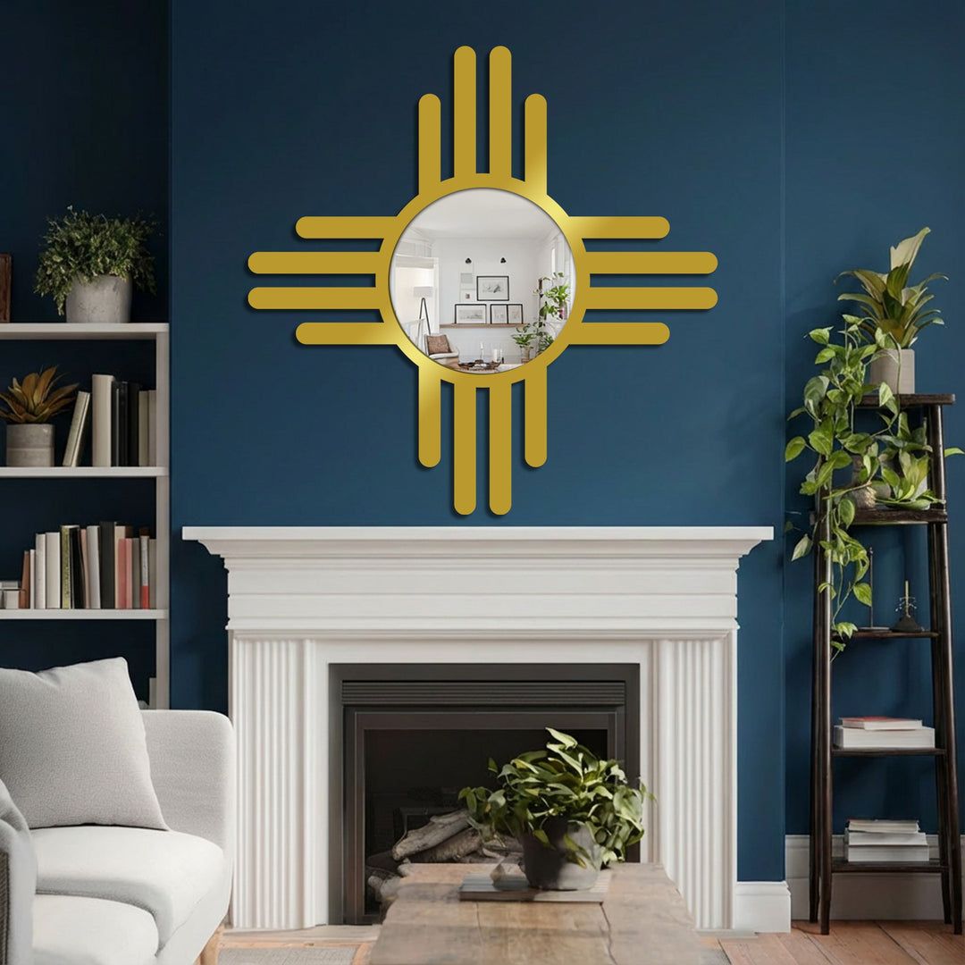 Light and shadow play across this modern wall mirrors, enhancing its cross line design against the wall's rich texture.