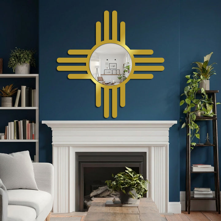 Light and shadow play across this modern wall mirrors, enhancing its cross line design against the wall's rich texture.