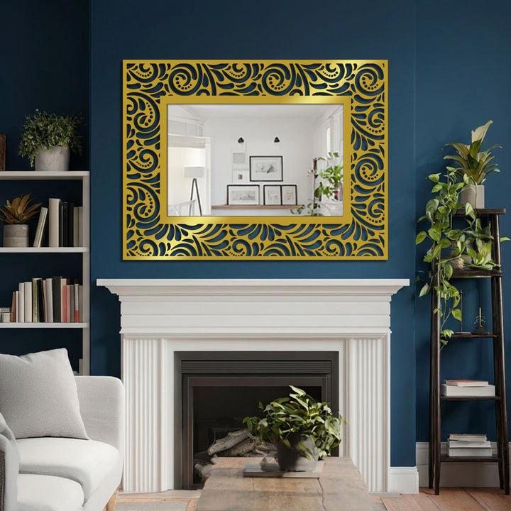 Reflected brightly, the room illuminates within the ornate rectangular modern mirror, highlighting the floral scroll metal artwork frame.