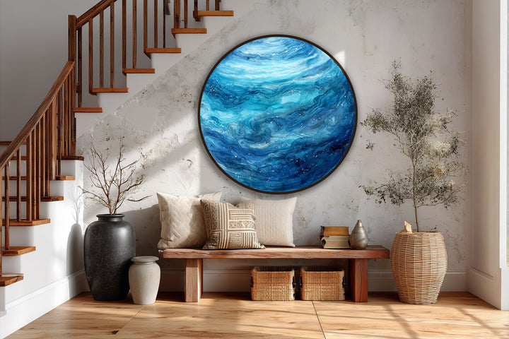 Shafts of light and shadow accentuate the swirling blues of this round abstract oil painting, a captivating oil painting decoration evocative of a celestial ocean drift.