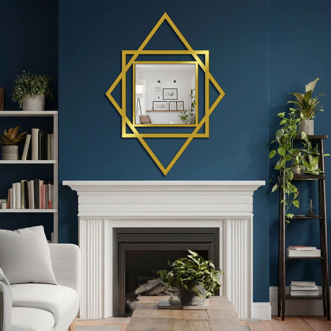 Shadows play across the Diamond Harmony geometric square framed wall mirror, highlighting its angular gold metal frame and the reflected light.