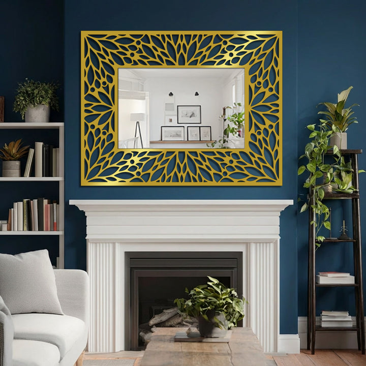 Vibrant gold-toned framed wall mirror, featuring an intricate floral pattern, strikingly contrasts against the deep navy wall, highlighting its elegant decorative design.