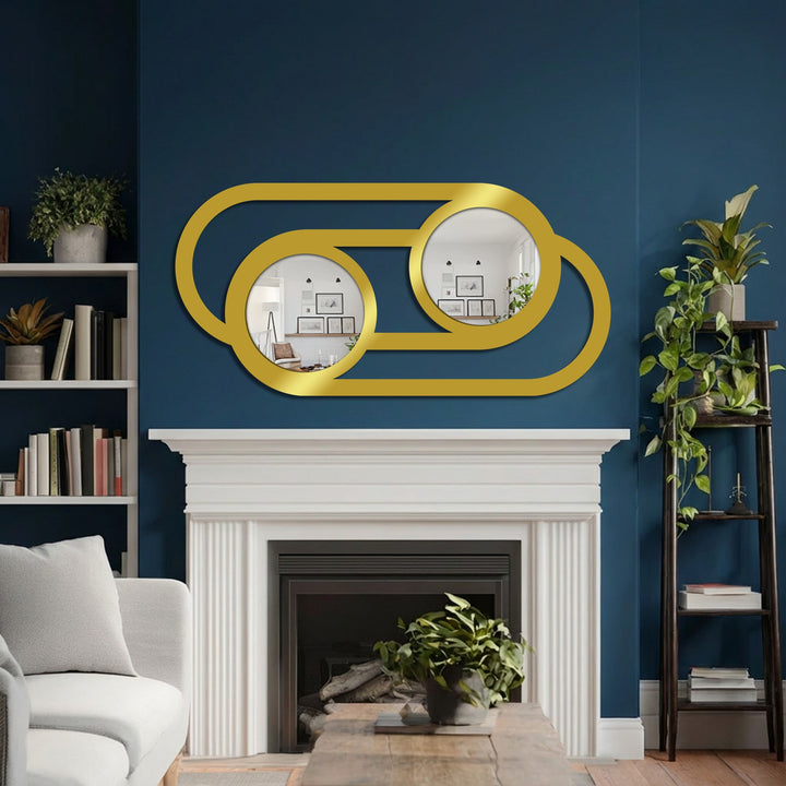 Featuring an abstract quality, this double circle link metal decorative mirror creates a modern design statement as a striking piece of decoration wall art.