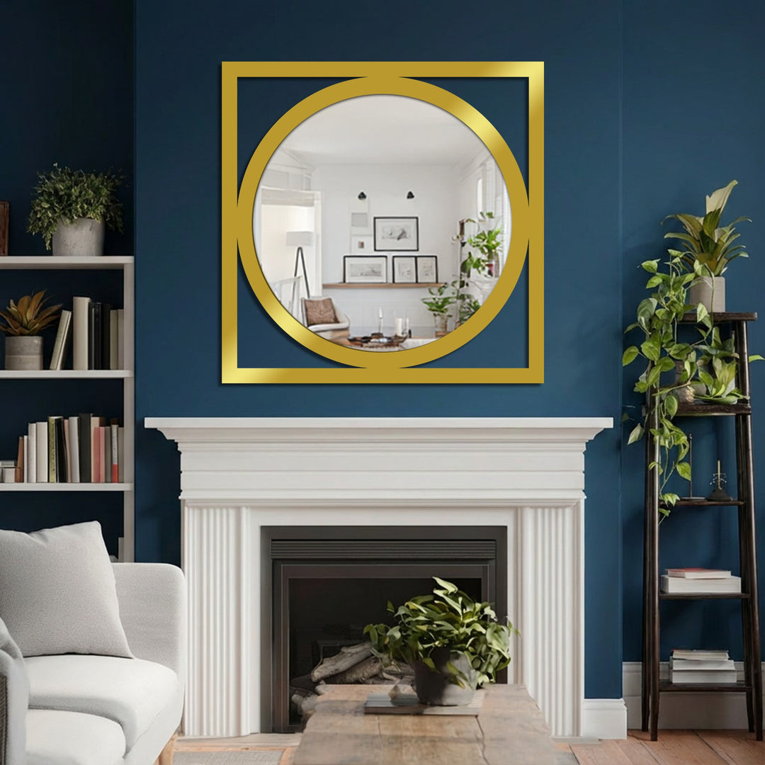 Stillness pervades the room as a square frame round mirror reflects a tranquil interior, resembling a beautiful stained glass wall mirror.