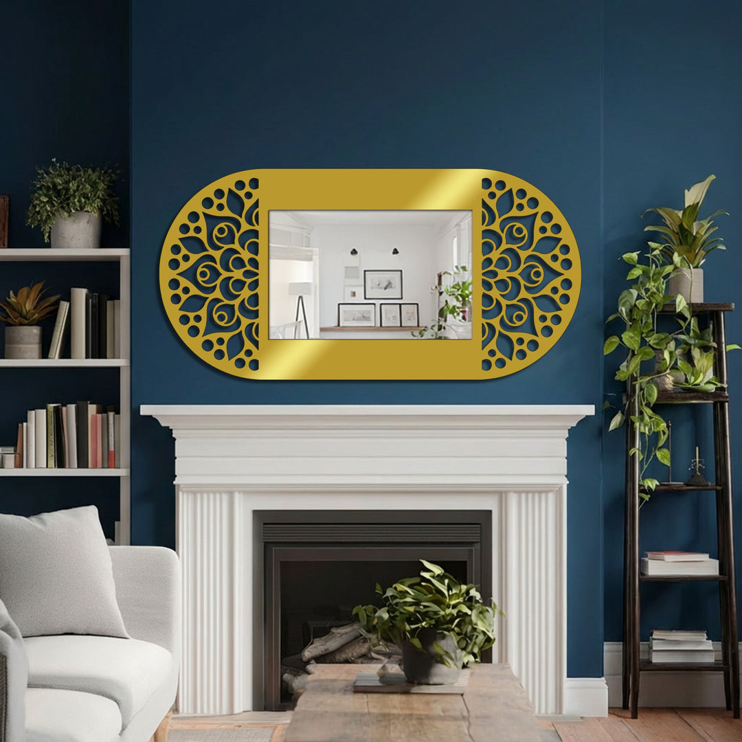 With warm color temperature, this mandala floral pattern oval floor mirror with decorative black frame is a stylish piece of metal wall decor.