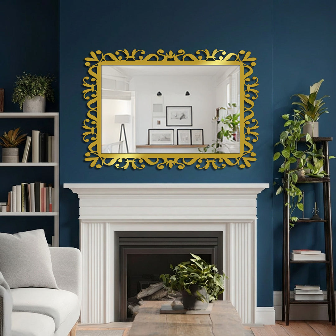 Soft light reflects in the delicate vine scroll mirror, enhancing its elegance and charm while decorating with wall mirrors above the inviting fireplace.