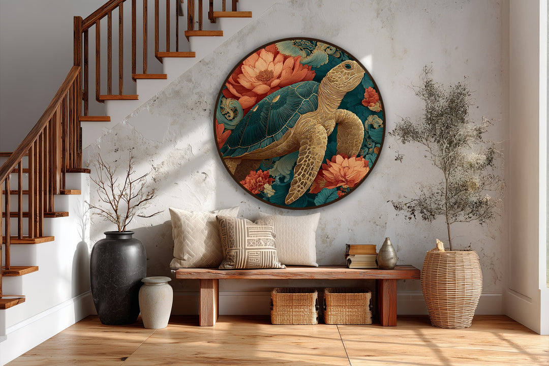 Predominantly golden and teal, the captivating oil painting decoration features a golden sea turtle amidst a vibrant coral flowers, displayed on a round wood canvas.
