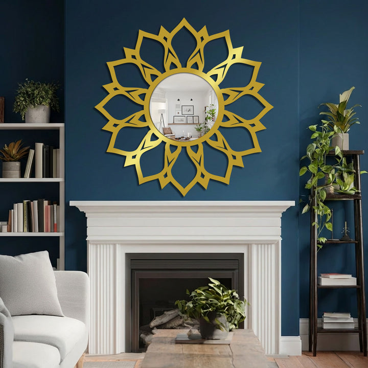 Negative space highlights the lotus flower design of this stained glass wall mirror, creating an intricate pattern against the dark blue wall.