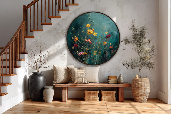 Finely crafted oil painting wall art highlights the luxurious texture and rich color depth of the 'Whispering Meadow' wildflower garden round oil painting.