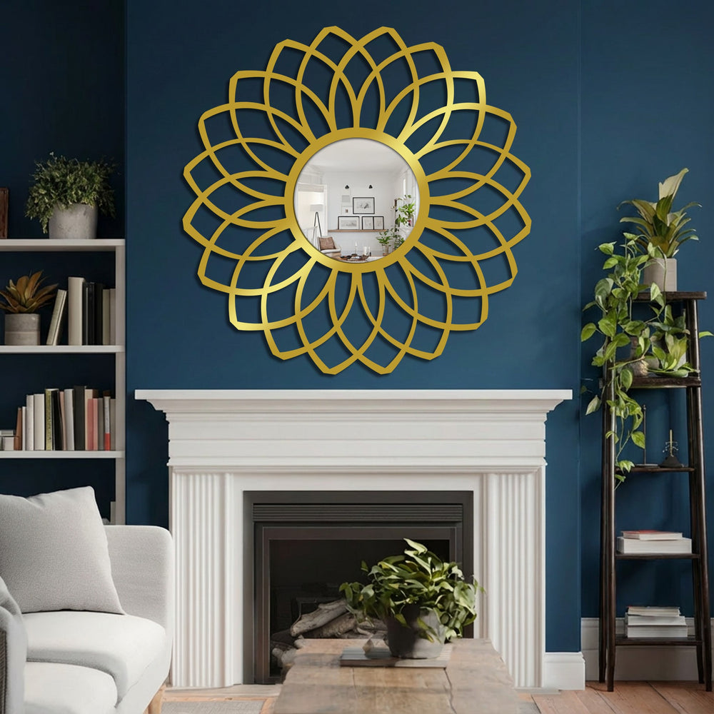 Centered above the fireplace, the golden modern wall mirrors design features a sunburst of layered petals, creating a focal point in the room.