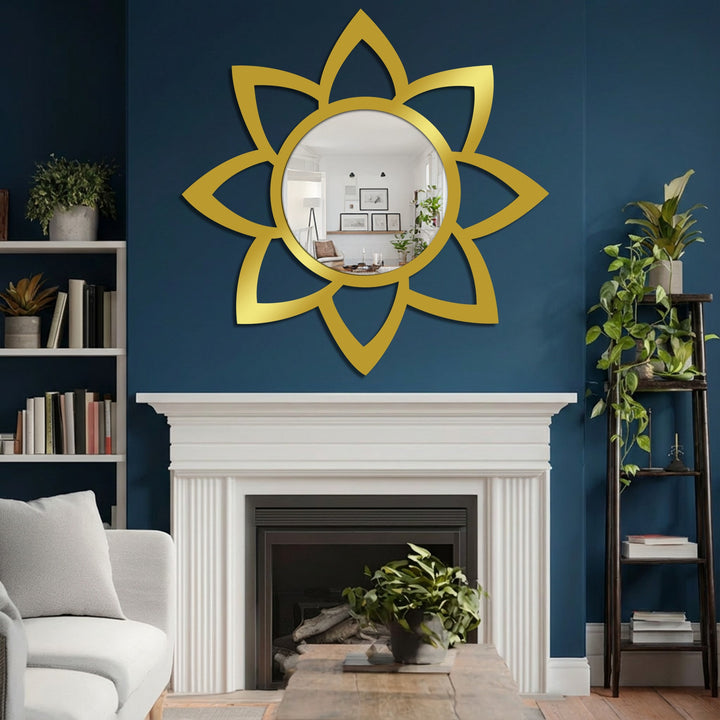 Gold modern mirror with a petal design features unique edge and borders that accentuate the reflections, complementing the room's metal wall decor style.