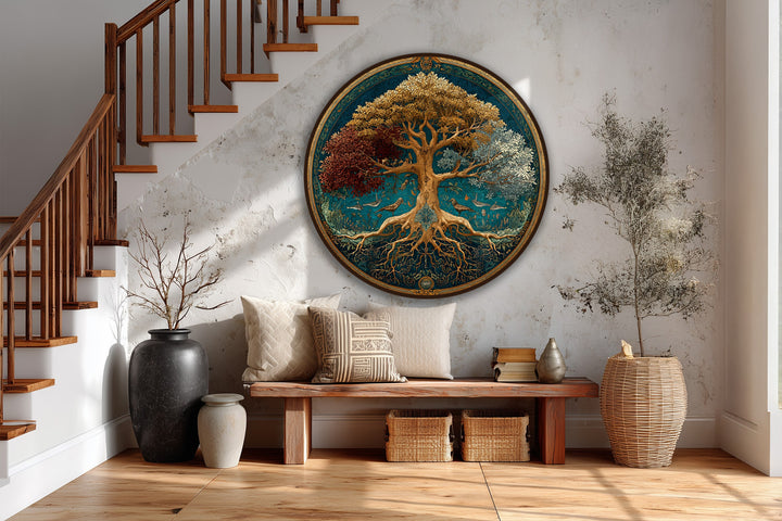 Finely detailed brushstrokes and rich pigments showcase the exceptional material quality of this round tree of seasons oil painting wall art on wood.
