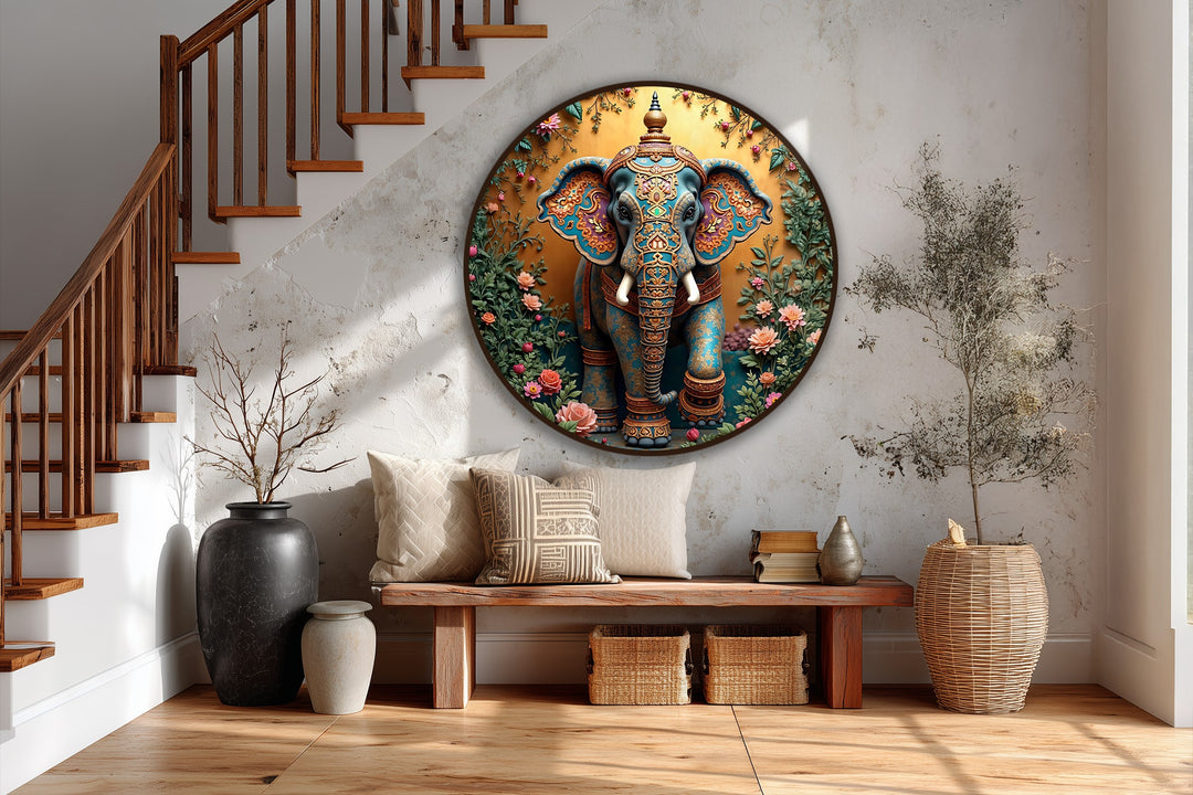 Displaying striking depth and layers, this modern oil painting art presents a majestic elephant within a floral sacred garden, creating a captivating, ornate focal point.
