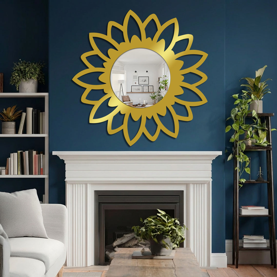 Decorating with wall mirrors, the oversized gold Bloom Silhouette Floor Mirror dominates the wall above a fireplace, reflecting a portion of the inviting living room.