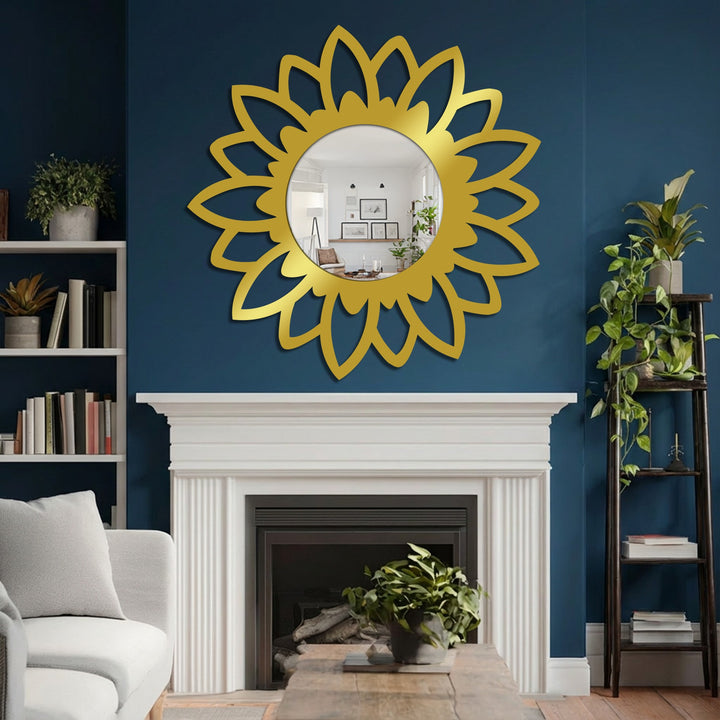 Decorating with wall mirrors, the oversized gold Bloom Silhouette Floor Mirror dominates the wall above a fireplace, reflecting a portion of the inviting living room.