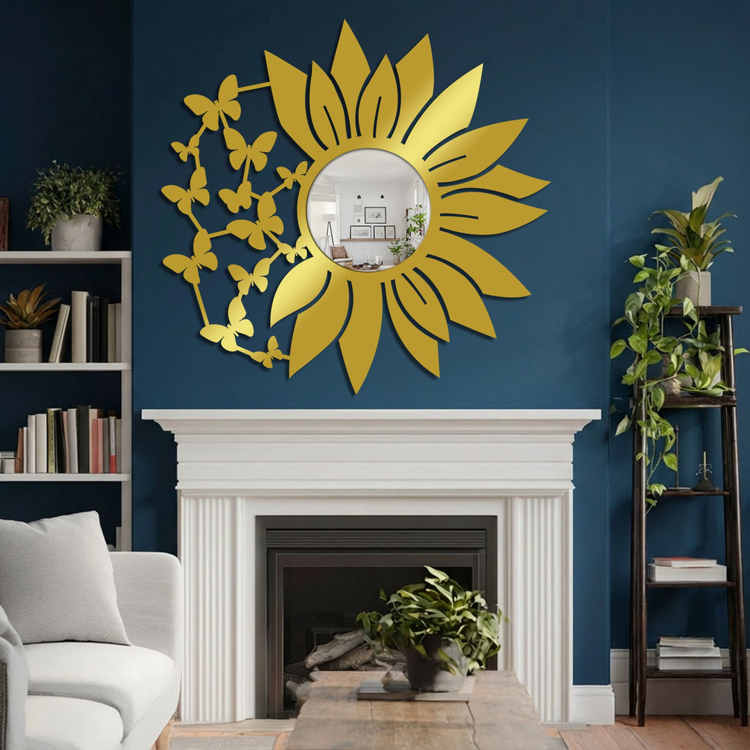 Gleaming gold highlights the finish of this framed wall mirror depicting a sunflower and butterflies, adding a touch of nature-inspired metal wall decor.